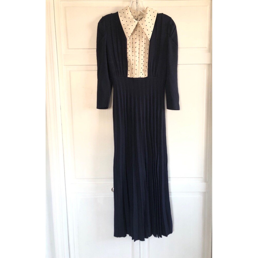 Deep Blue Pleated Dress with Polka Dot Details Size Small - Picture 2 of 5